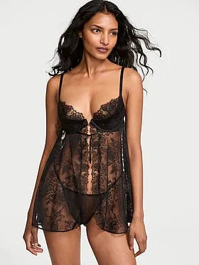 Rose Lace Low-Cut Push-Up Babydoll Set
