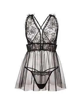 Rose Lace Plunge Babydoll Set