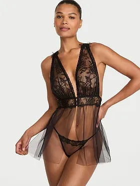 Rose Lace Plunge Babydoll Set