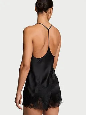 Satin Rose Lace-Trim Asymmetric Cami Top