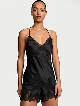 Satin Rose Lace-Trim Asymmetric Cami Top