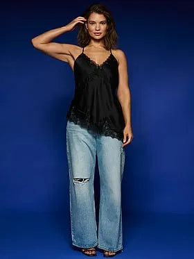Satin Rose Lace-Trim Asymmetric Cami Top