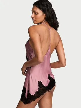 Satin Rose Lace-Trim Asymmetric Cami Top