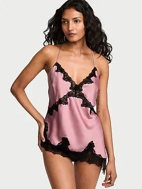 Satin Rose Lace-Trim Asymmetric Cami Top