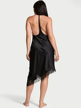 Satin Rose Lace-Trim Asymmetric Slip Dress
