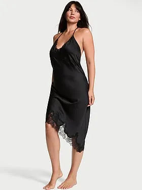 Satin Rose Lace-Trim Asymmetric Slip Dress