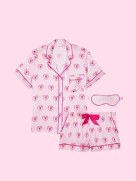 PINK | Elle 3-Piece Satin Eye Mask & Short Pajama Set