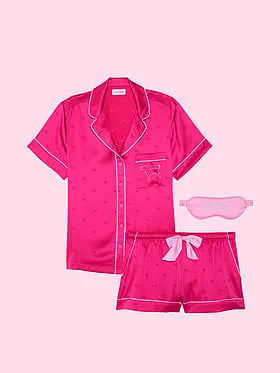PINK | Elle 3-Piece Satin Eye Mask & Short Pajama Set