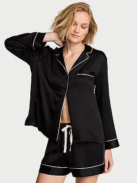 Signature Satin Long-Sleeve Short Pajama Set