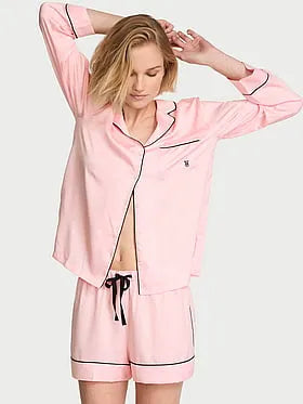 Signature Satin Long-Sleeve Short Pajama Set
