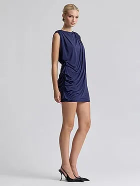 Asymmetrical Draped Strong Shoulder Mini Dress