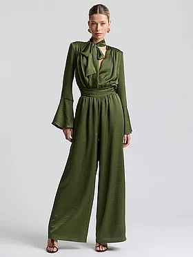 Tie-Neck Long Sleeve Wide-Leg Jumpsuit
