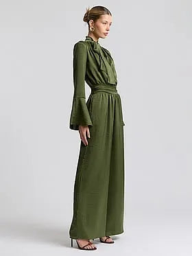 Tie-Neck Long Sleeve Wide-Leg Jumpsuit